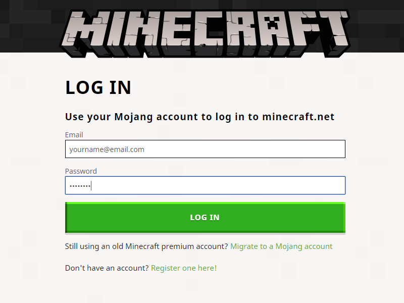 Mojang account registration page
